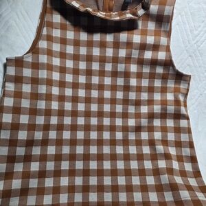 ANN TAYLOR FACTORY Brown and White Checkered Sleeveless Top Size S Ruffle Neck